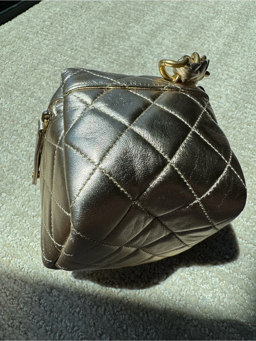 CHANEL Metallic Gold Quilted Mini Cube Vanity Bag with CC Logo, 22C collection